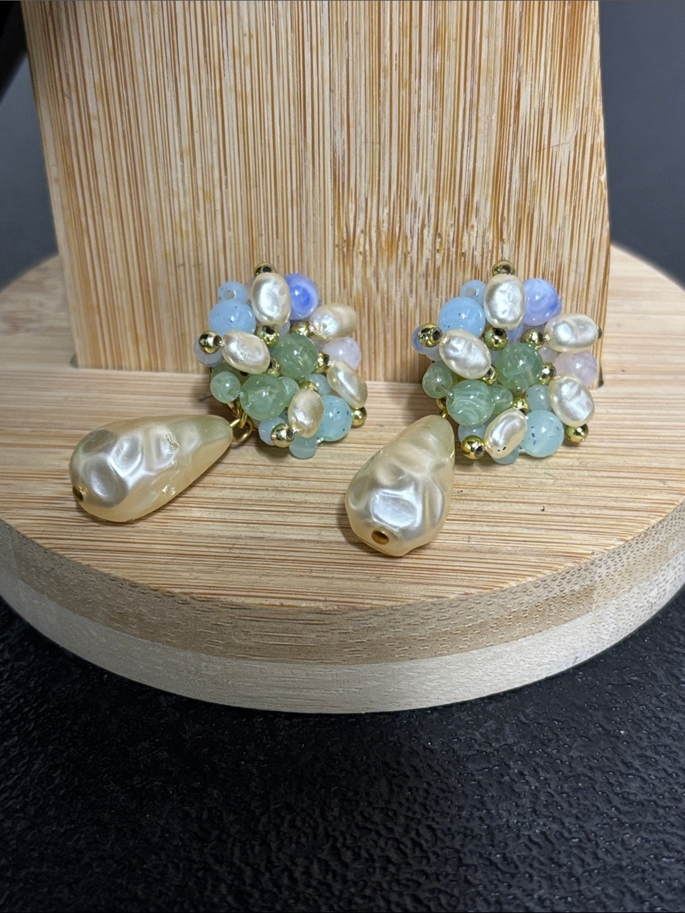Vintage Pastel Colors Acrylic Beads Cluster Faux Baroque Pearl Drop Earrings